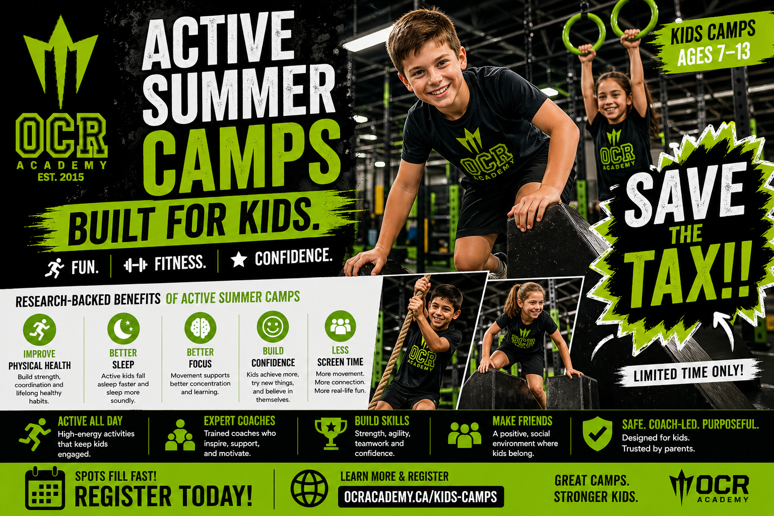 Ottawa kids summer camp ages 7–13 at OCR Academy featuring obstacle course training, active play, and fitness-based programming with save the tax promotion