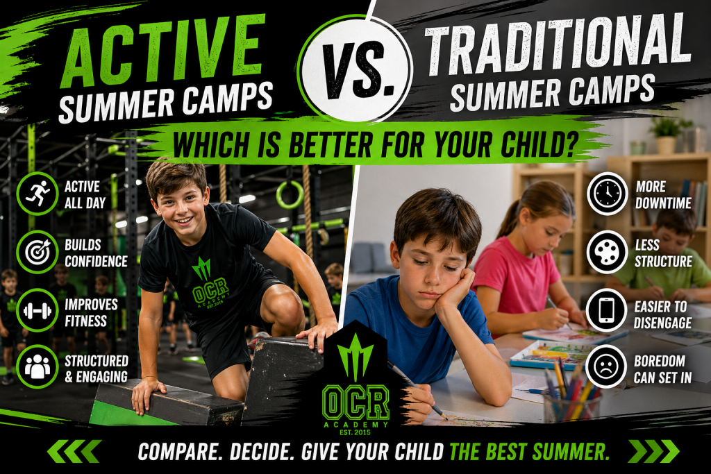 kids participating in active summer camp obstacle course compared to traditional camp activities showing engagement and movement
