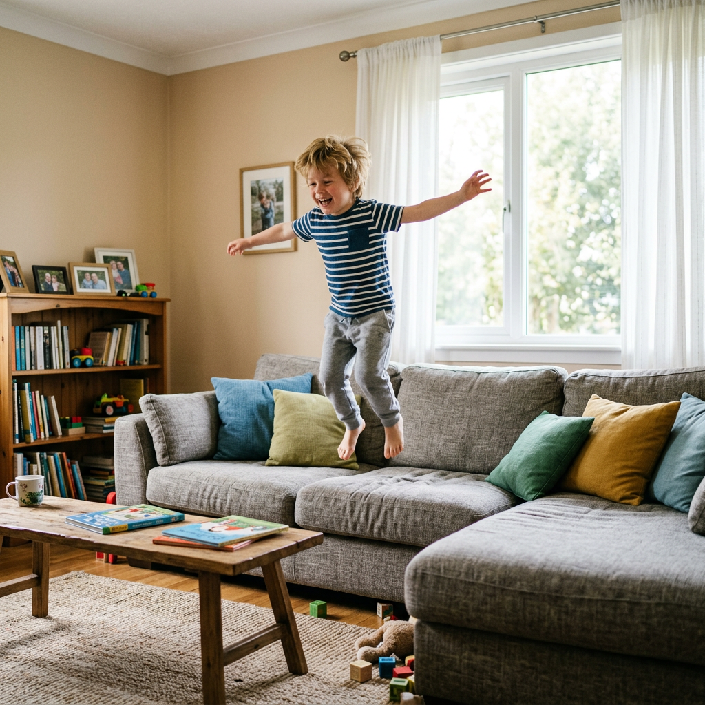 Child jumping on grey sofa in a living room with colorful cushions