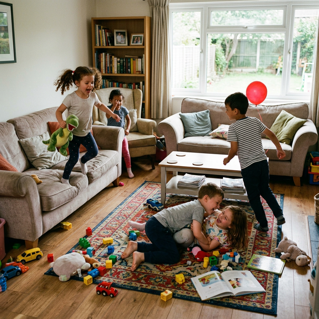 Four children playing with toys and laughing in a living room