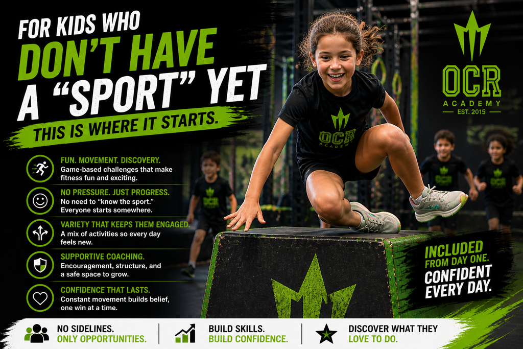 Children participating in OCR Academy Summer Camp in Ottawa, a fun fitness camp for kids who don’t play sports, building confidence, coordination, and enjoyment through game-based obstacle challenges.