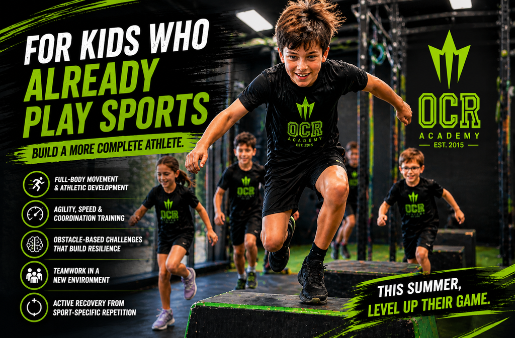 Kids training on an indoor obstacle course at OCR Academy Summer Camp in Ottawa, helping young athletes improve agility, coordination, strength, and overall athletic development.