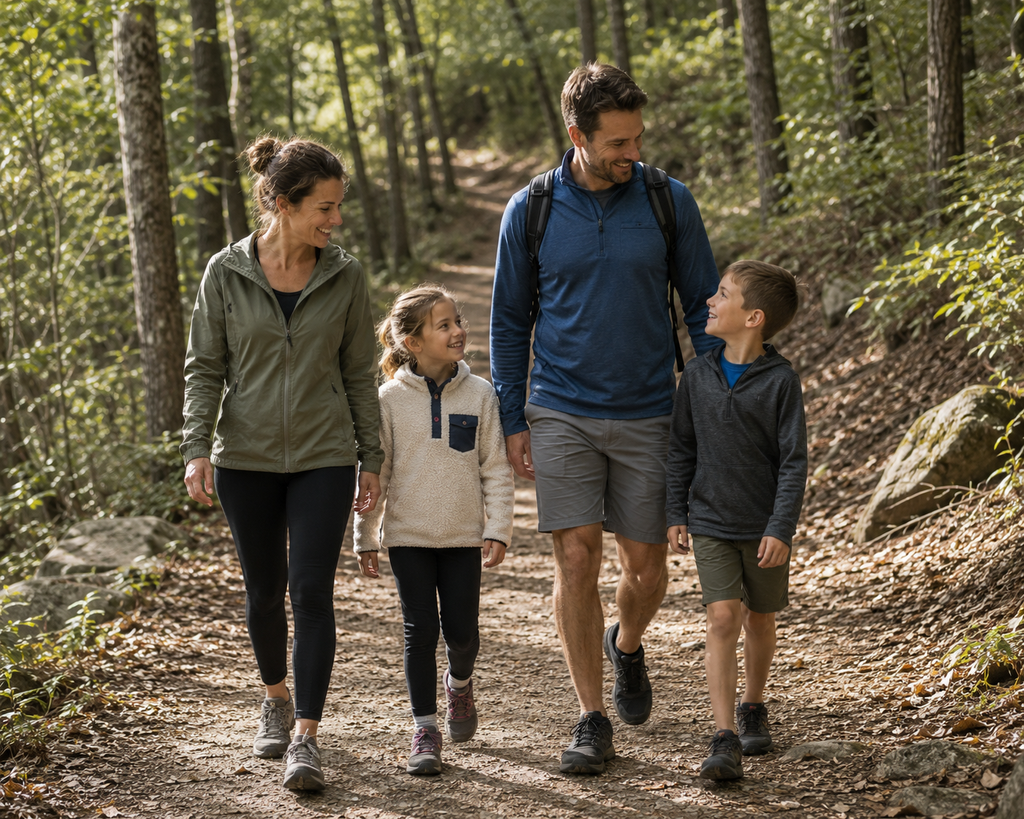 a family of a mom, dad, boy and girl, go for a walk in nature.